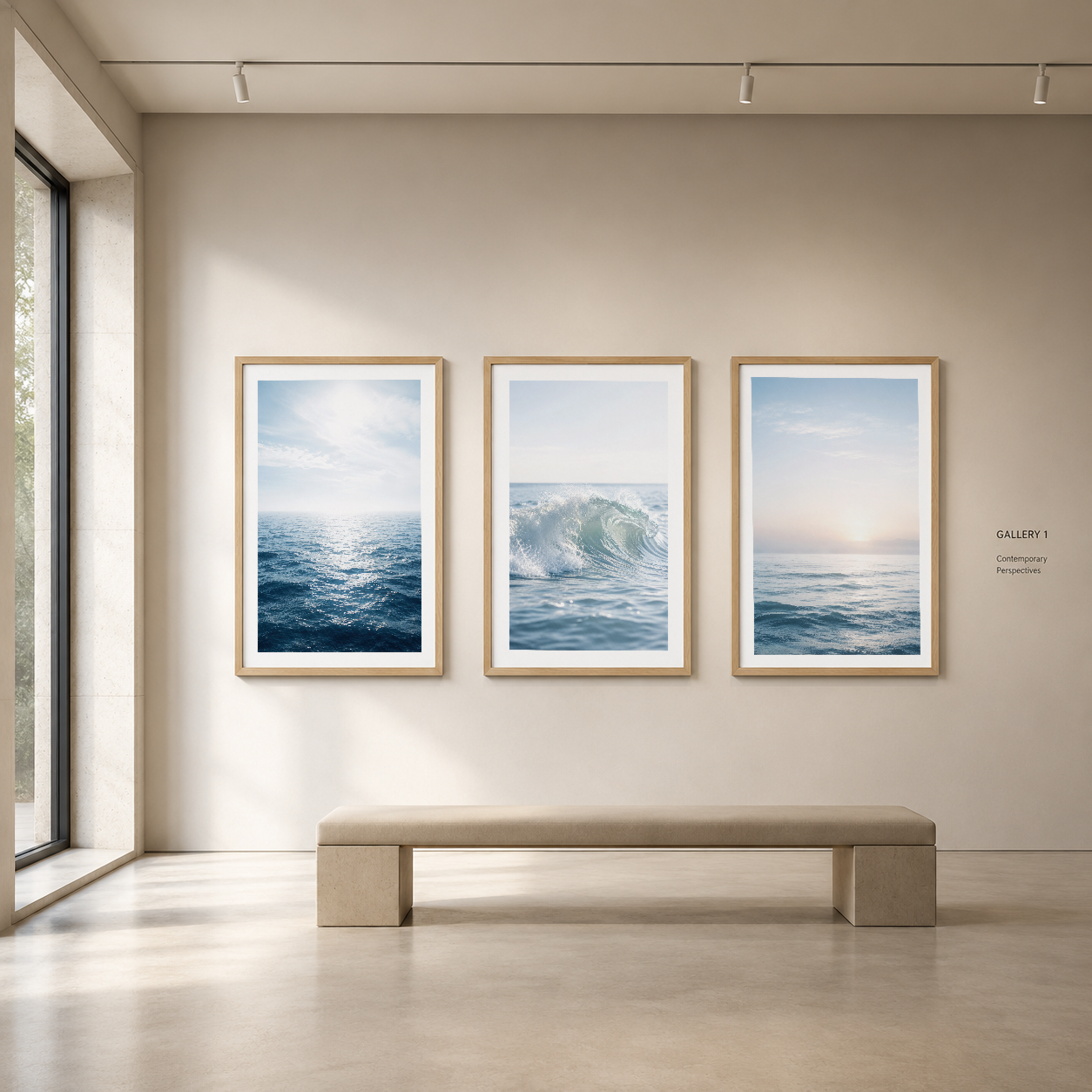 Açık deniz fotoğraflarından oluşan üç parçalı ahşap çerçeveli poster, galeri görünümlü modern mekan dekorasyonu.