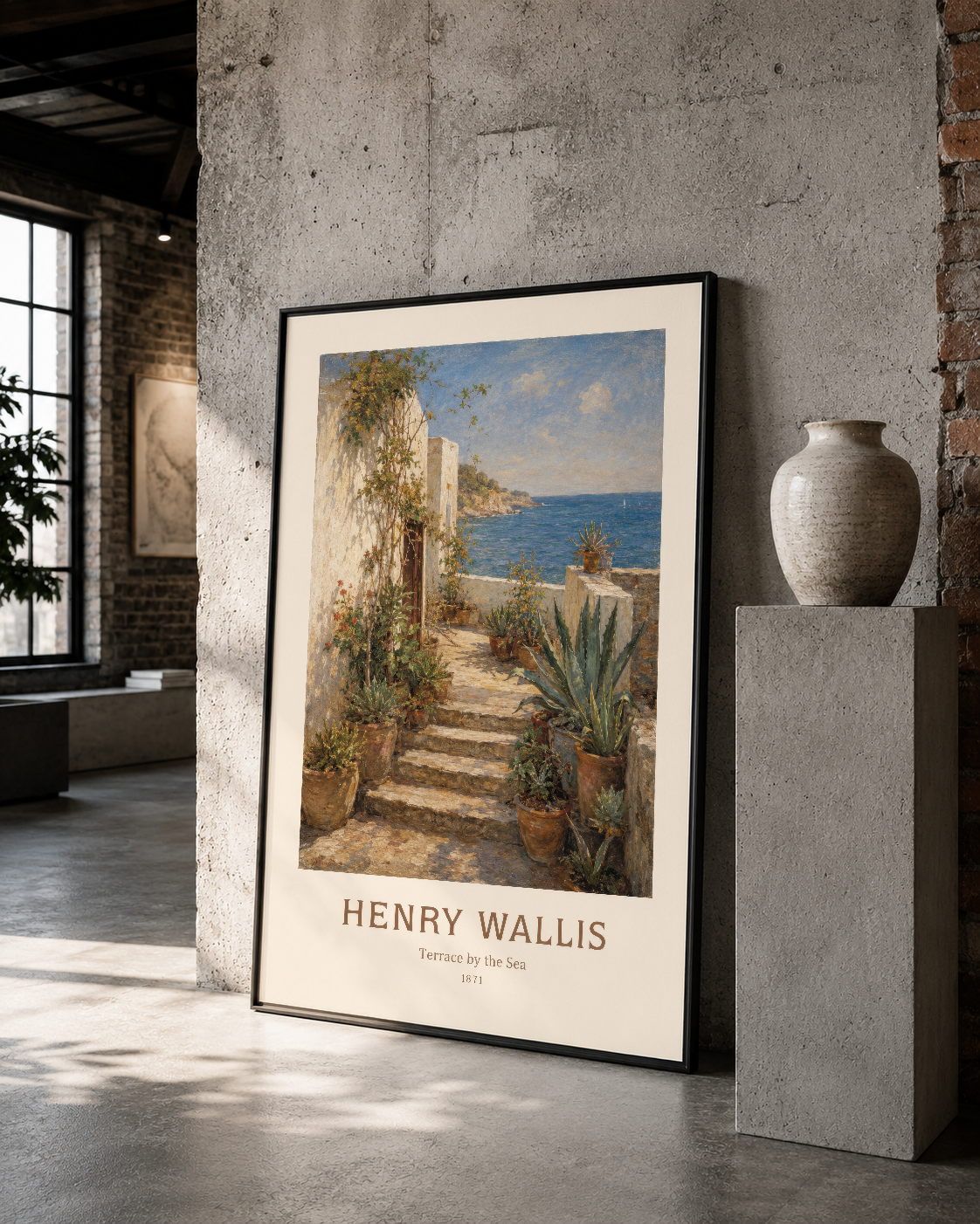 Bitki ve deniz manzarasıyla bezenmiş Henry Wallis tablosu, siyah çerçevesiyle galeri ortamında klasik sanat eseri.