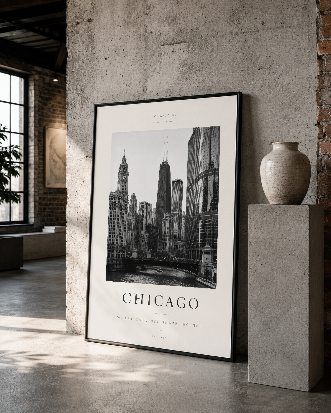 Chicago kent manzarası siyah çerçeveli poster, loft tarzı dekorasyon ortamında sergileniyor.