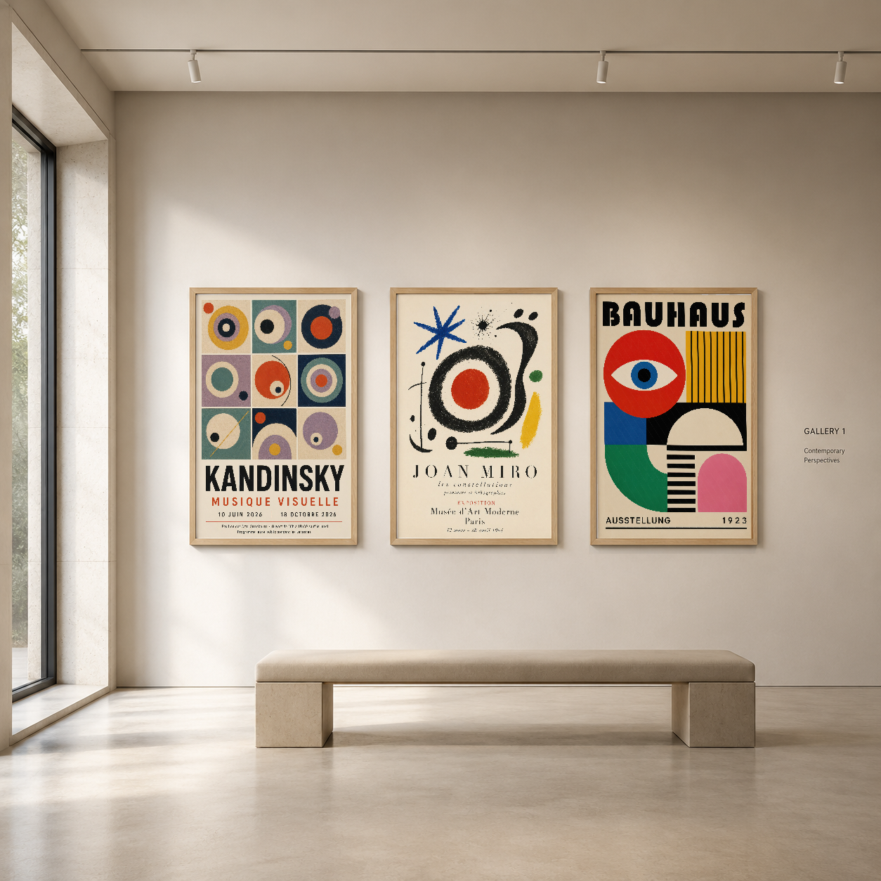Sanat galerisi benzeri minimal mekanında asılı, 20. yüzyıl avangard tasarımlarının yer aldığı üç çerçeveli tablo seti.