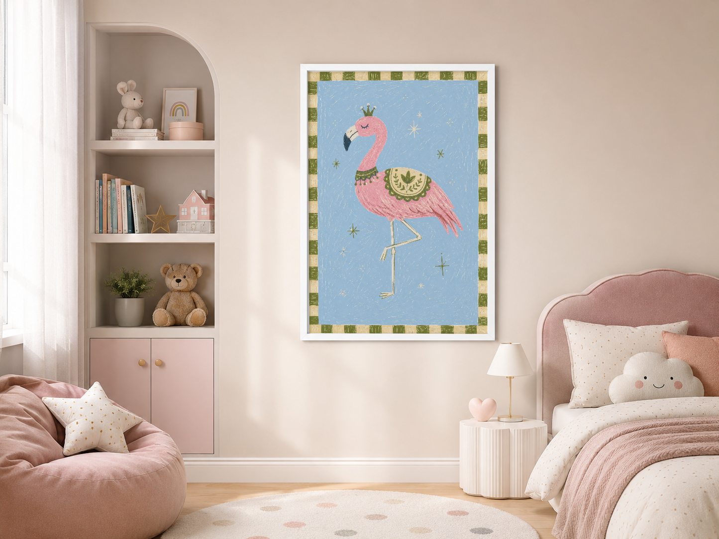 Beyaz çerçeveli pembe flamingo tablosu, kız çocuğunun odasında yumuşak renkleriyle uyum sağlıyor.