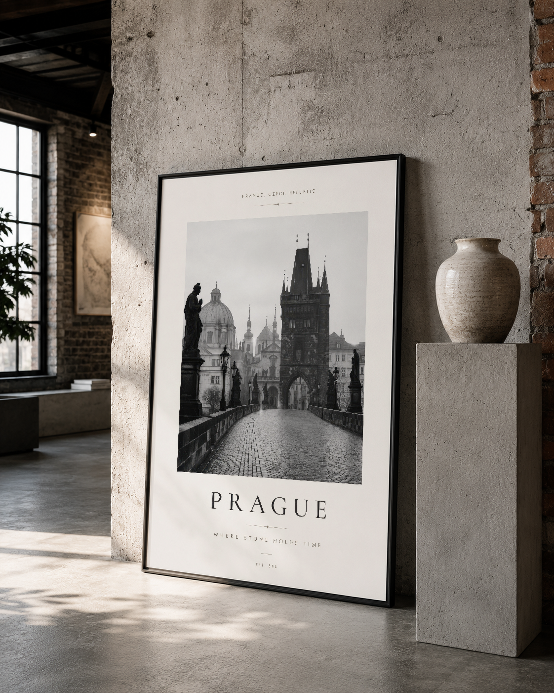 Prague şehir manzarası poster, siyah çerçeve ile loft tarzı dekorasyonda sergilenmiş.