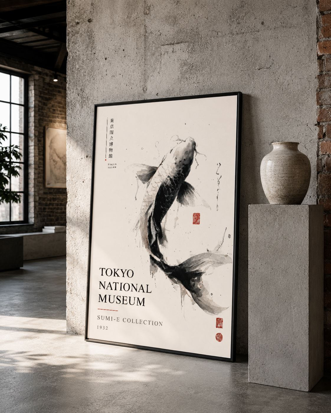 Siyah çerçeveli, müze kalitesi Japon sanat posterinin indüstriyel dekor ortamında duran hali.