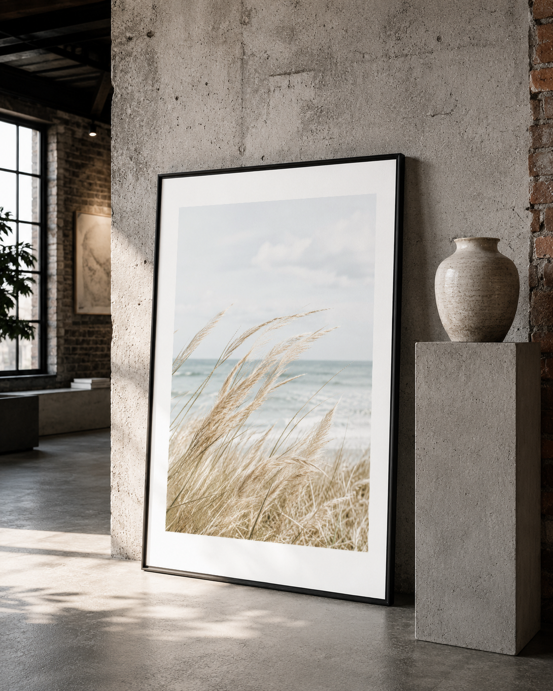 Siyah çerçeveli sahil çiçeği tablosu, modern loft alanında yer alan figüratif sanat eseri.