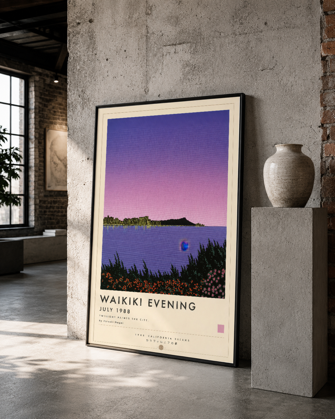 Waikiki Evening poster, siyah çerçeveli, tuğla duvarı ve seramik vazolarla dekore edilmiş modern galerida.