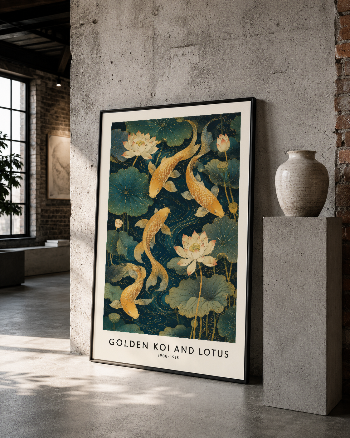 Siyah çerçeveli Doğu estetikli poster, stilize altın balıklar ve beyaz lotus çiçekleri gösteriyor.