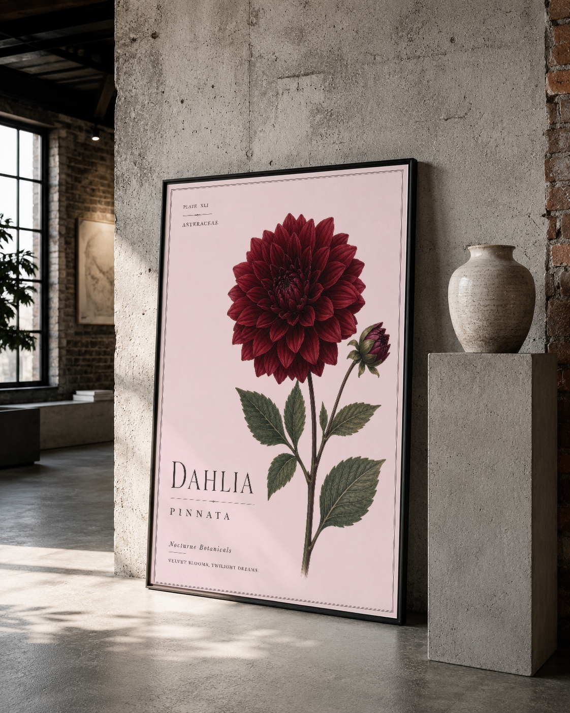Vintage botanik üslubuyla bordo dalia çiçeği tablosu, siyah çerçeveli, minimalist iç mimar tarzında sunuluyor.