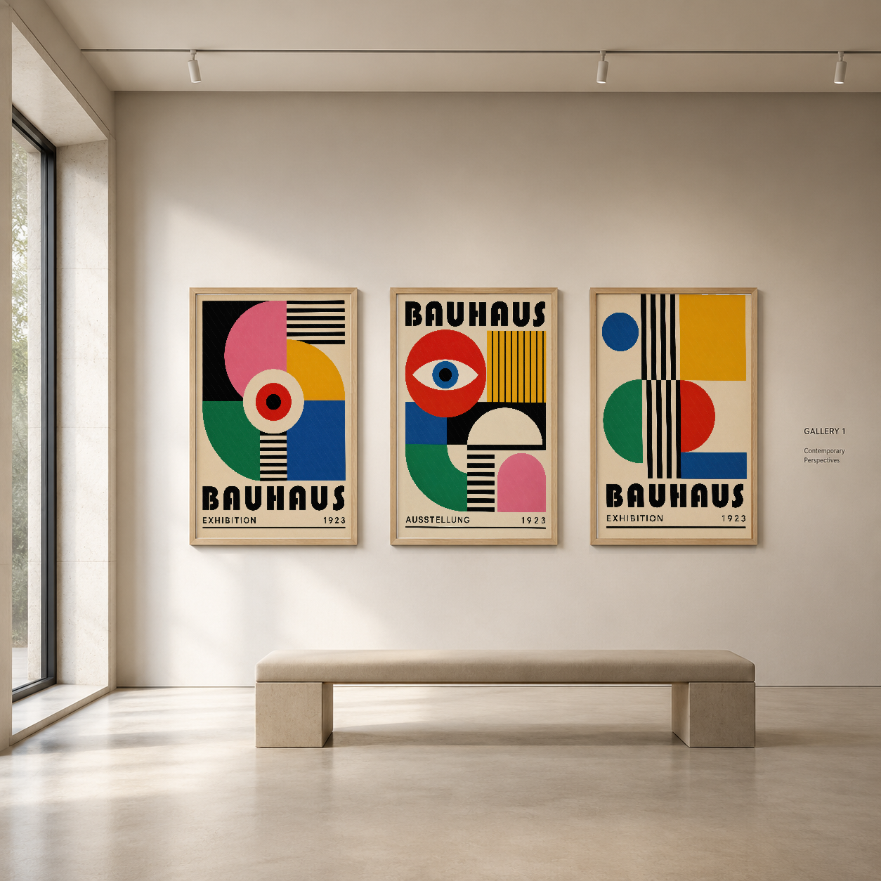 Avangard tasarımlı Bauhaus poster serisi, doğal ahşap çerçeveli üç parçalı tablo seti.