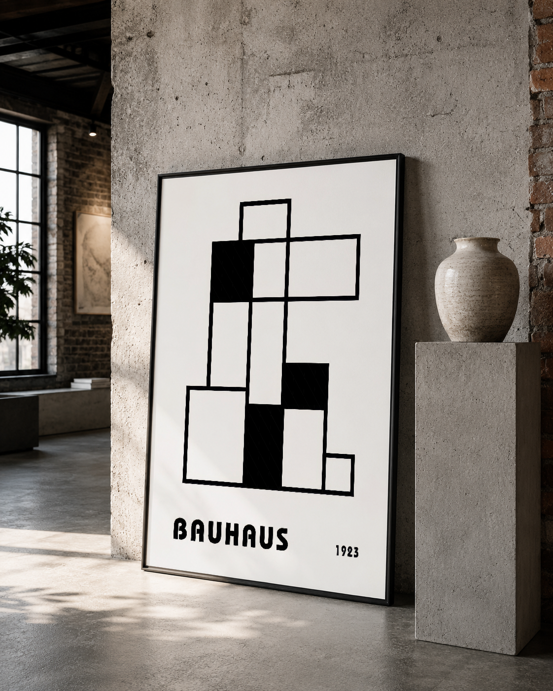 Siyah çerçeveli Bauhaus geometrik tasarım posteri, beton duvarda contemporary sanat olarak konumlanmış.