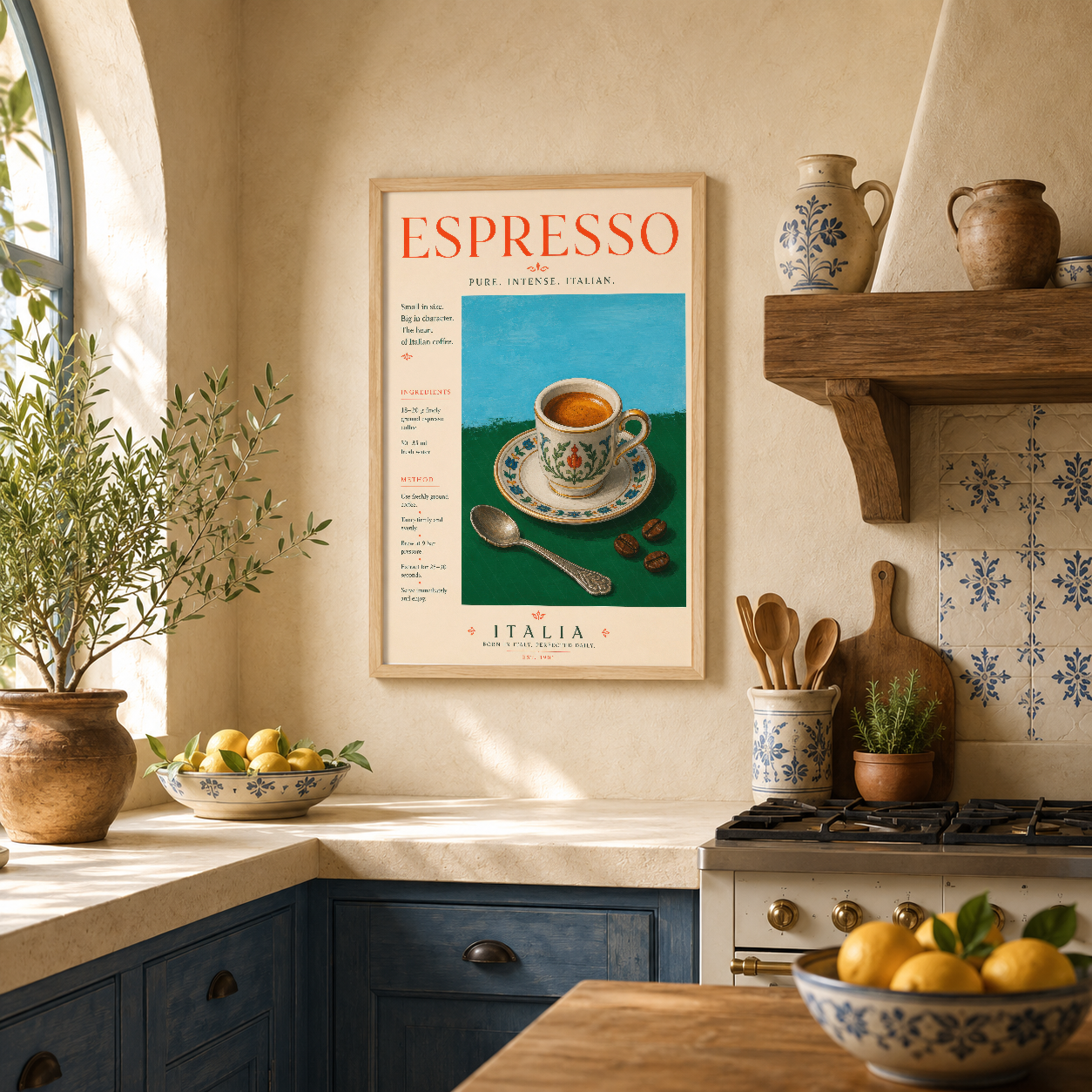 Retro espresso tasarımı, ahşap çerçeveli duvar tablosu, sıcak ve minimalist ev dekorasyon tarzına mükemmel uyum sağlayan.