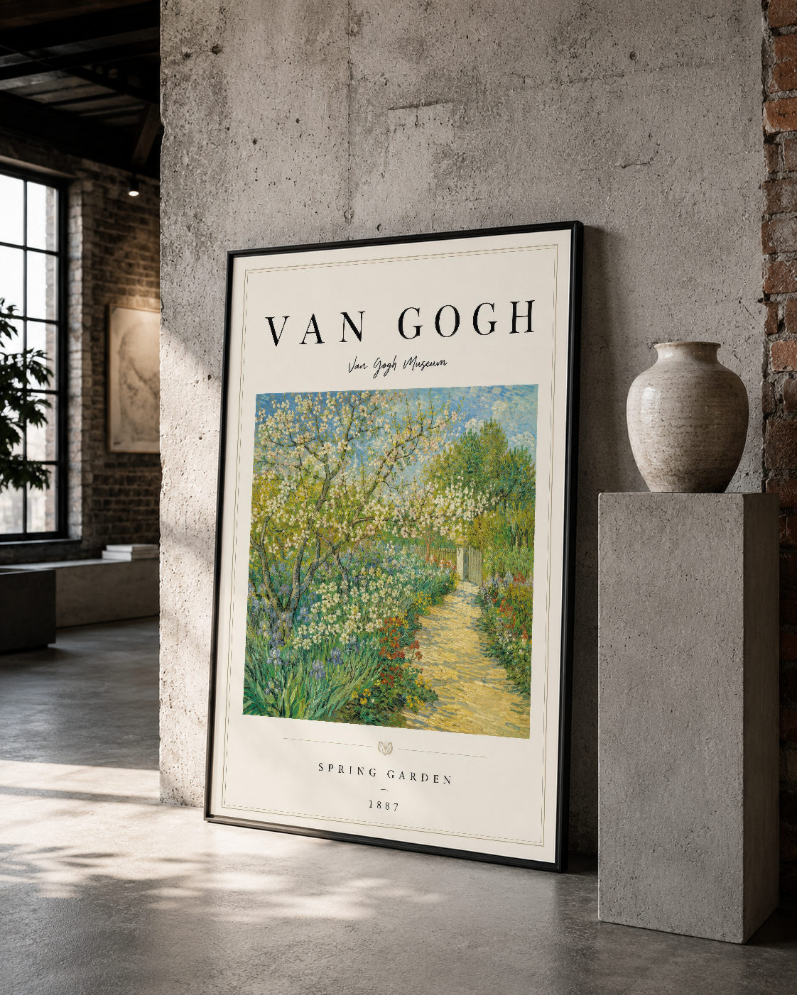 Van Gogh Spring Garden posteri, siyah çerçevede, beton duvarda beton taban sanat galerisinde yer alan çağdaş ve etkileyici