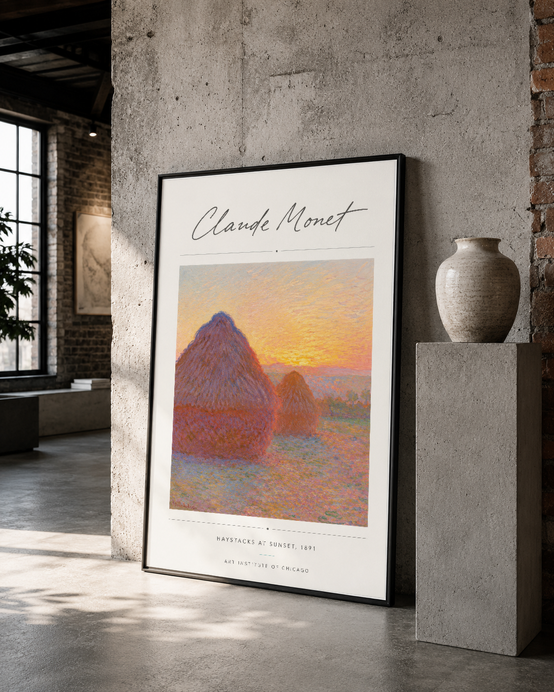 Claude Monet posteri siyah çerçeveli, gün batımında kırmızı-turuncu tonlarında yapılan saman balyaları tasvirini gösteriyor.