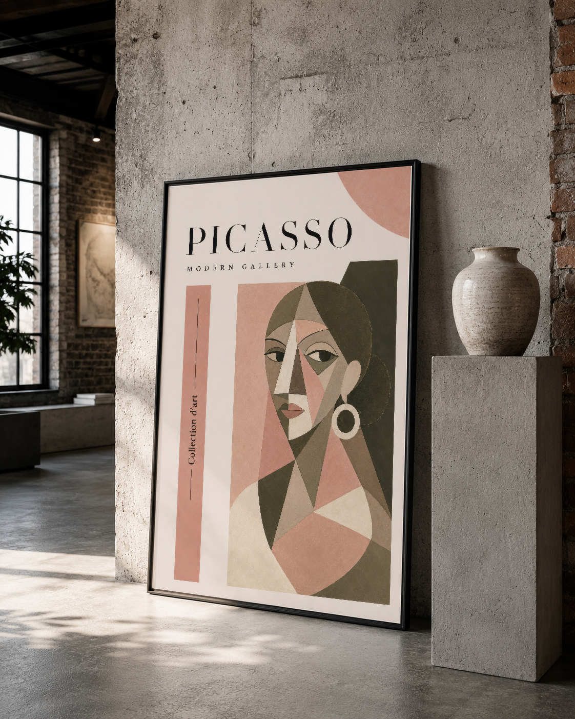 Siyah çerçeveli Picasso Modern Gallery posteri, soyut yüz tasarımı, loft stili beton duvar dekorasyonunda.