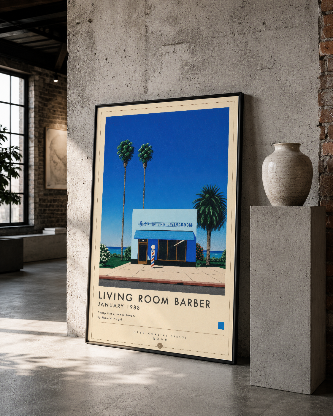 Siyah çerçeveli retro tasarım poster, mavi gökyüzü ve palm ağaçları önünde vintage barber dükkanı imajı.