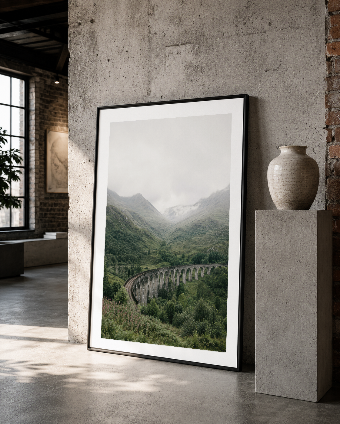 Vahşi doğa ve tarihi köprü sahnesi, siyah çerçeve içinde, beton duvar stüdyosunda minimal sanat olarak sunuluyor.