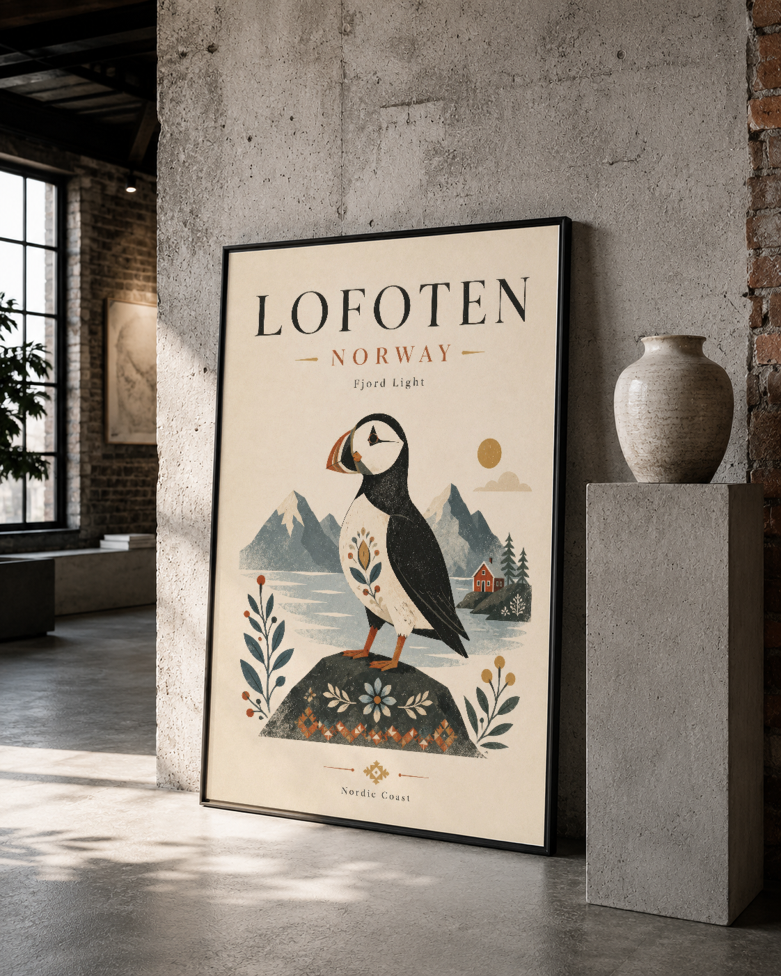 Siyah çerçeveli Lofoten sanat eseri, endüstriyel iç mekanda özgün İskandinav tasarım yansıtıyor.