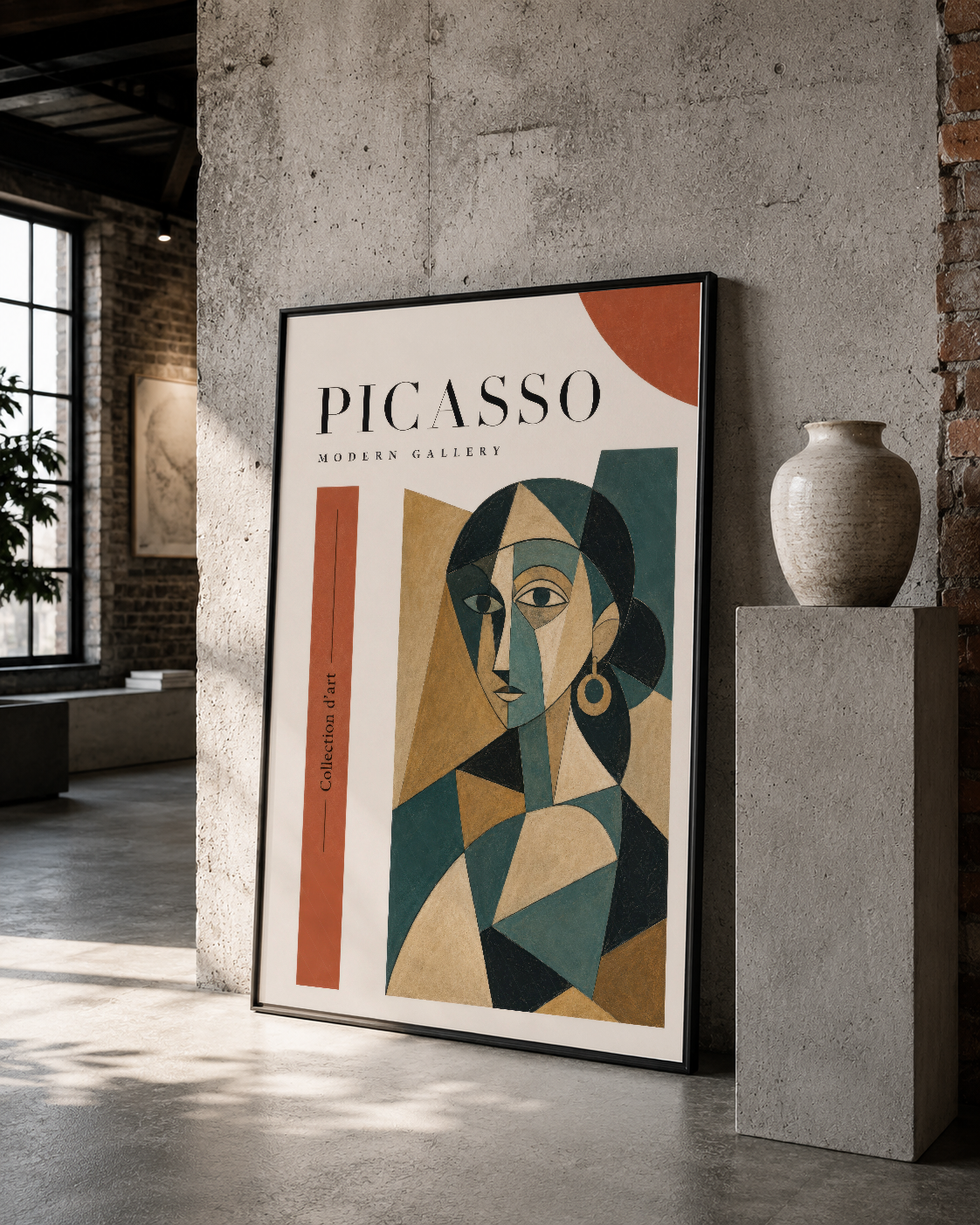 Picasso Modern Gallery tablosu, kübist portre tasarımını siyah çerçevede, loft dekorasyonunda sunuyor.
