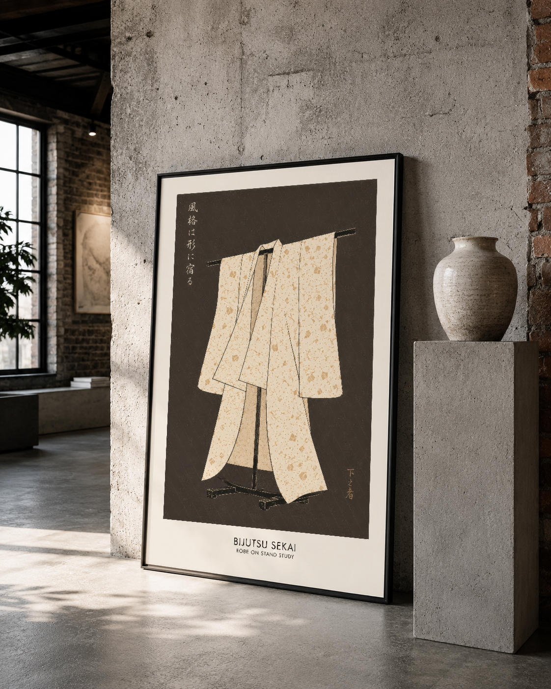 Japon kimono tasarım tablosu, siyah çerçeveli, endustriyel loft mimarisinde sanat.