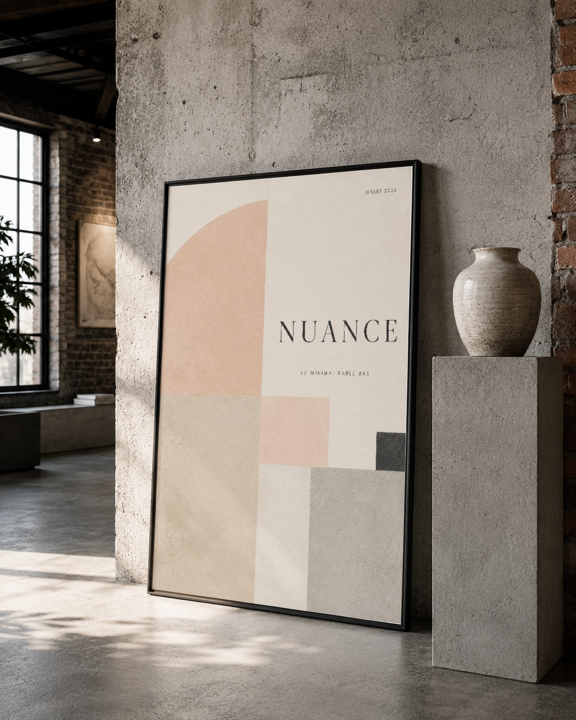 Siyah çerçeveli Nuance tablosu, beton duvara karşı sanat galerisindeki gibi dikkat çekici duruşuyla.