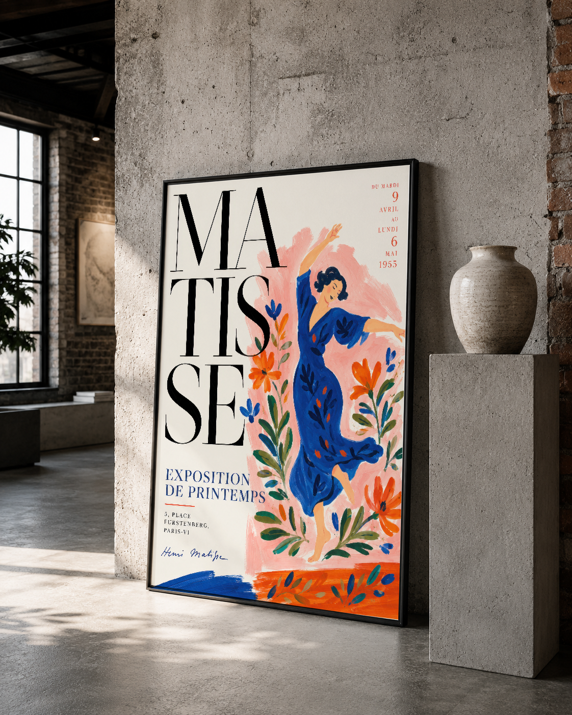 Renkli sanat posteri, siyah çerçevesinde geometrik mekanda çağdaş sanat örneklemesi sunuyor.