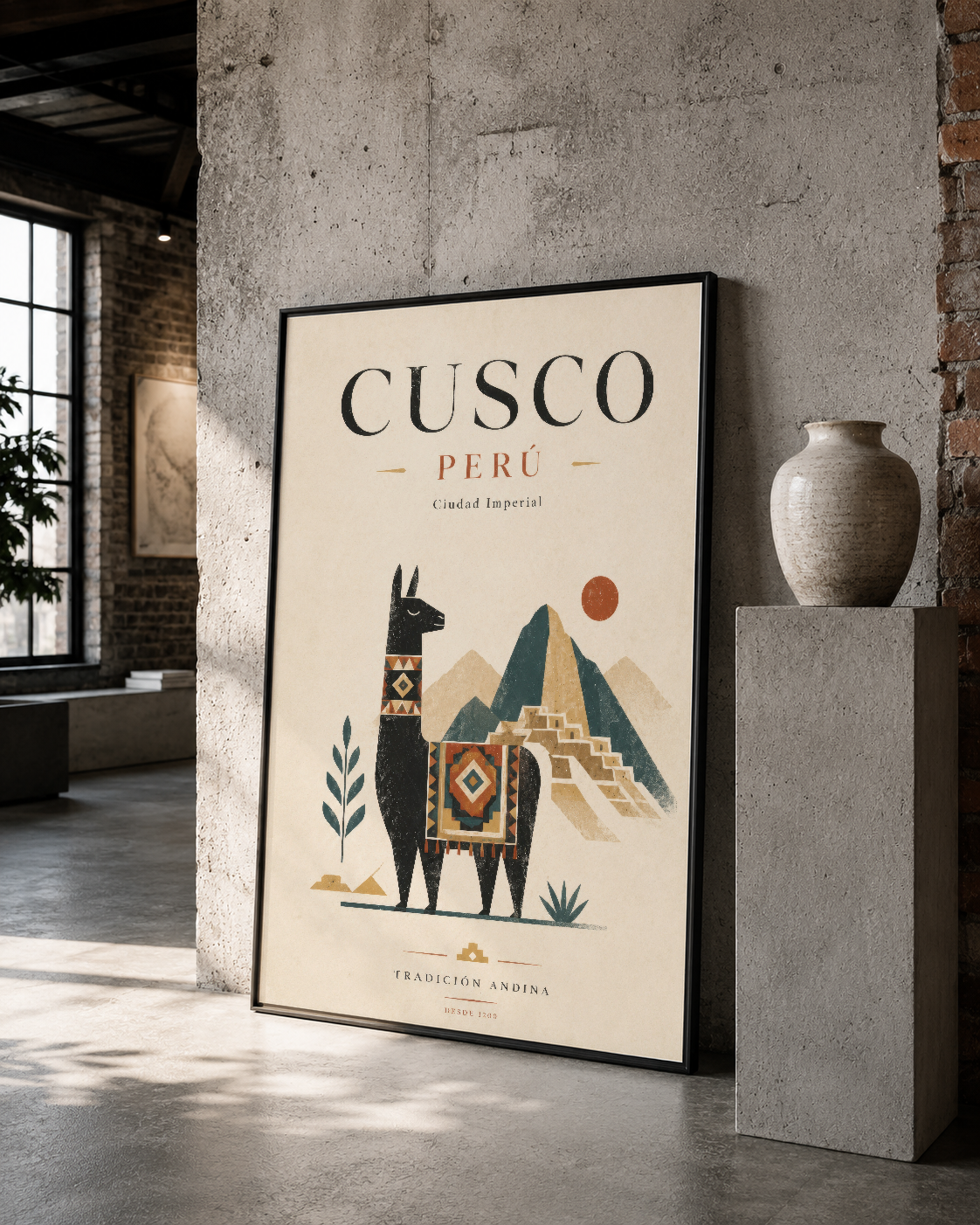 Cusco Peru sanat tablosu siyah çerçevede, beton duvarın yanında minimalist dekorasyon anlayışıyla.
