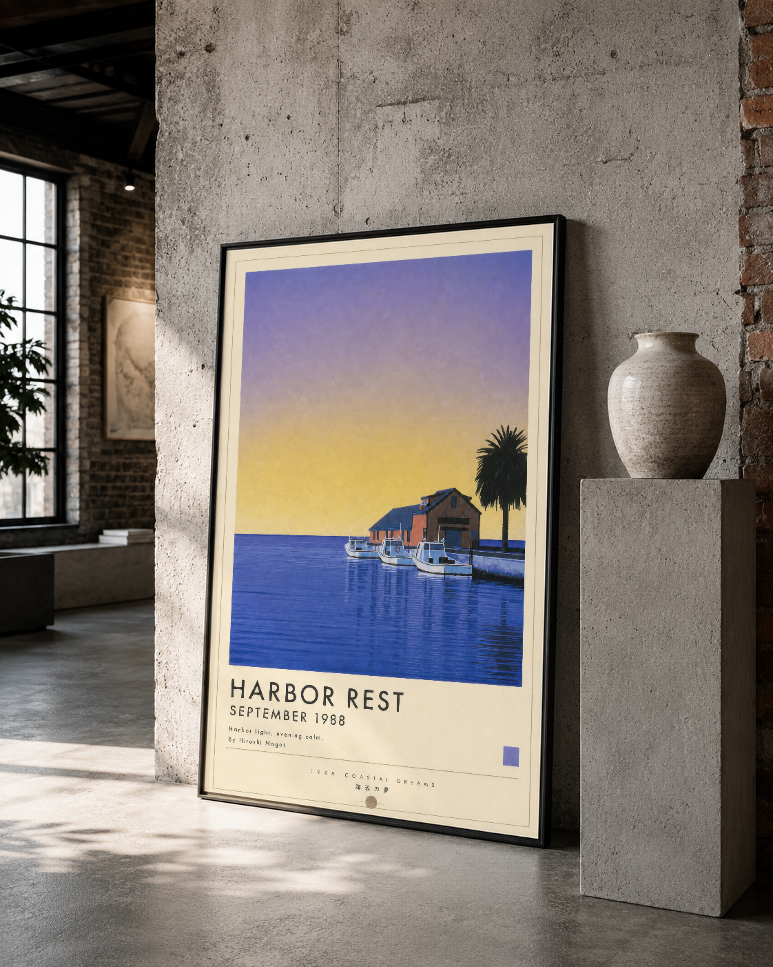 Minimalist siyah çerçevede Harbor Rest resmi, çağdaş loft dekorasyonunda sanatsal bir odak noktası oluşturuyor.