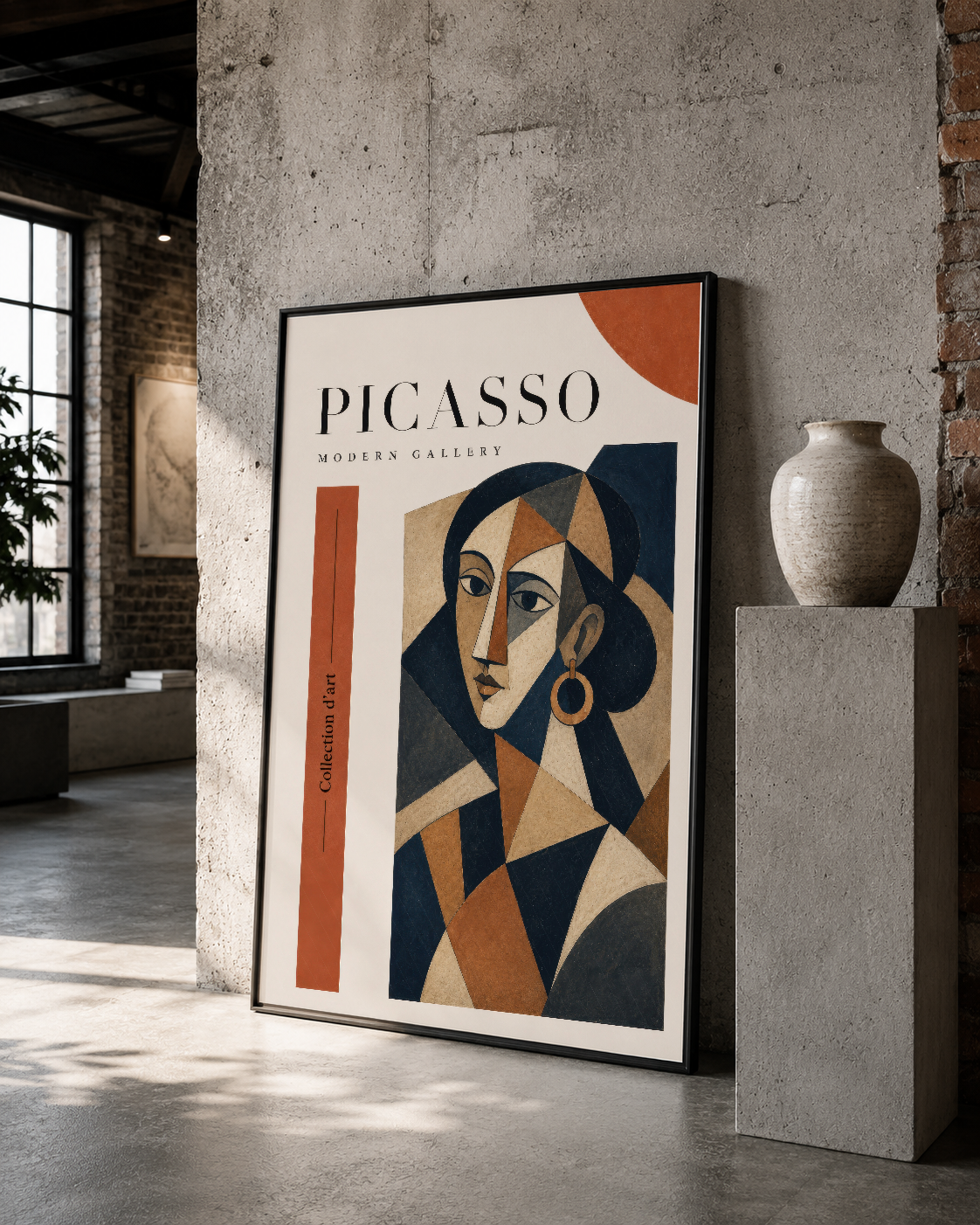 Picasso Modern Gallery posteri, soyut yüz tasarımı, siyah çerçeveli, çağdaş galeri düzeninde öne çıkan parça.