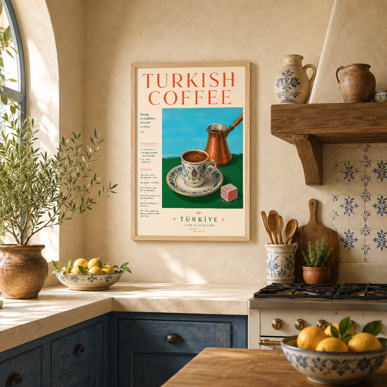 Osmanlı kahvesi motifli sanat eseri, çerçeveli tablonun ahşap çerçevesinde sıcak bir mutfak ortamında.