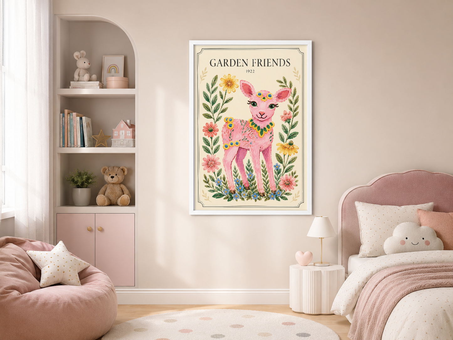 Beyaz çerçeveli Garden Friends temalı pembe geyik tablosu, pembe tonlu çocuk yatak odasının duvar süslemesi.