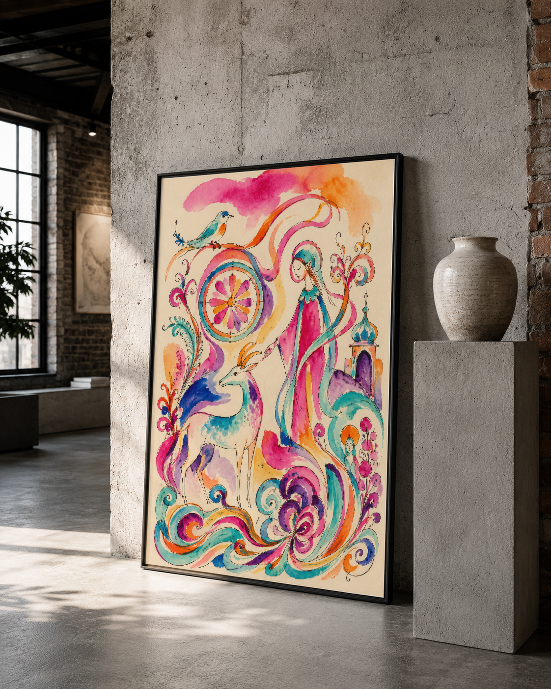 Renkli kuş ve çiçek motifli dekoratif tablo, siyah çerçevede minimalist iç mekanında sergileniyor.