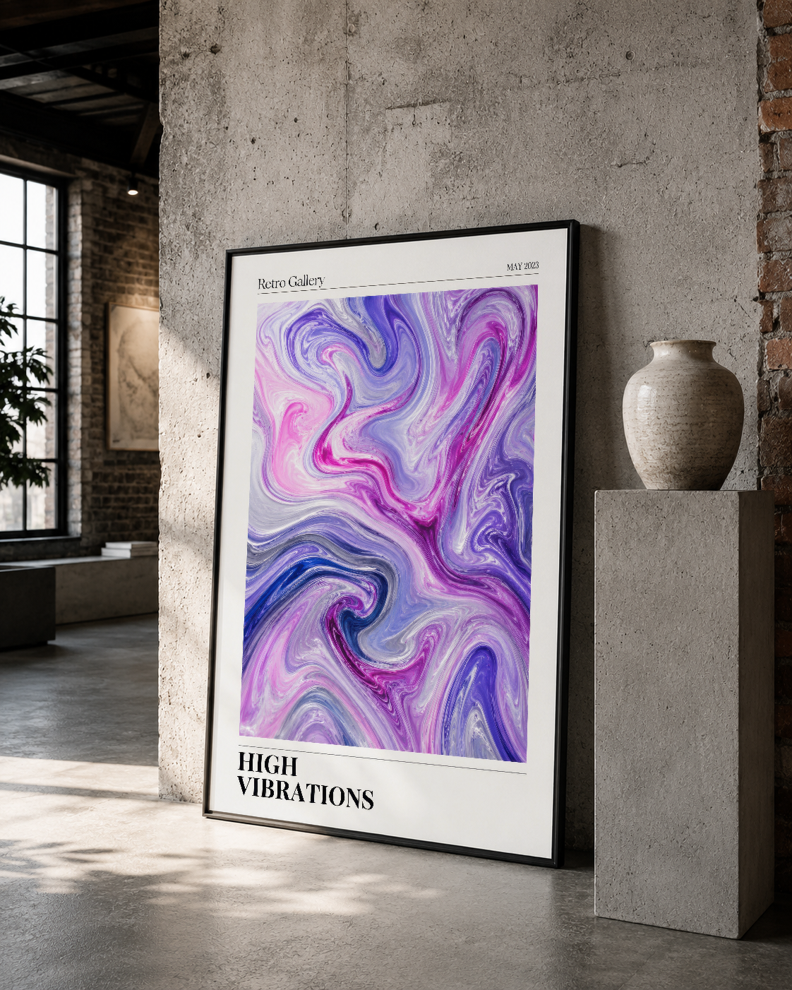 Siyah çerçeveli soyut mermer desen duvar tablosu, beton duvarda sergilenen renkli sanat posteri.