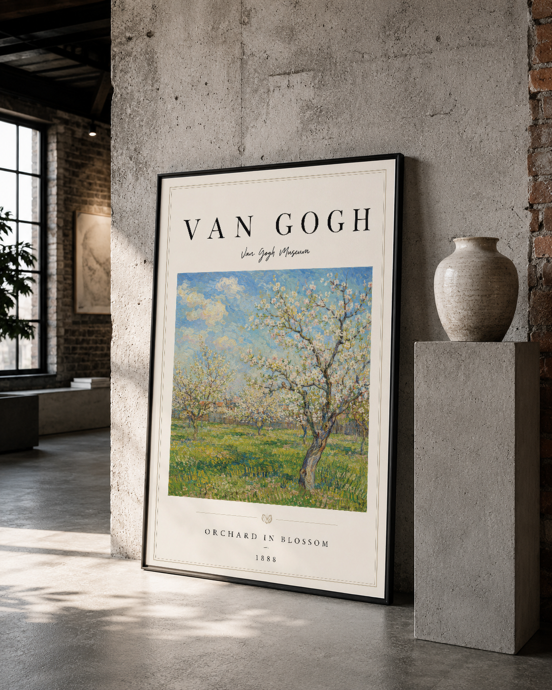Van Gogh çiçek bahçesi tablosu siyah çerçevede, loft tarzı mekan dekorasyonunda sergilenen klasik sanat.