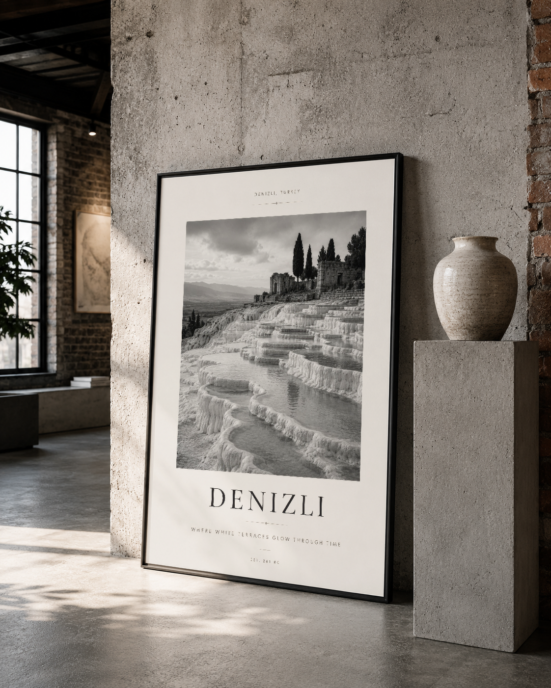 Denizli şehrinin ikonik manzarasını sunan siyah çerçeveli modern sanat eseri, aslan tası dekorasyonuyla.