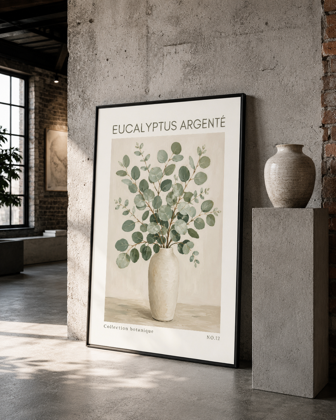 Siyah çerçeveli eucalyptus posteri, vintage endüstriyel alanlarda doğal yaprak motifleri ile özür.