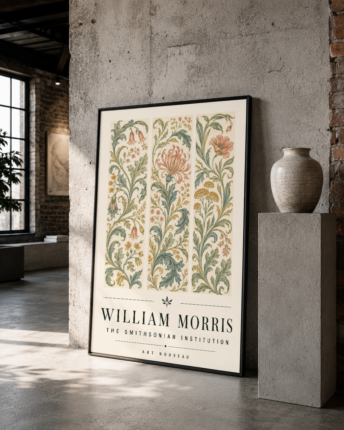 William Morris sanat posteri, zarif çiçek ornamentleri ve siyah çerçeveli duvar dekorasyonu.