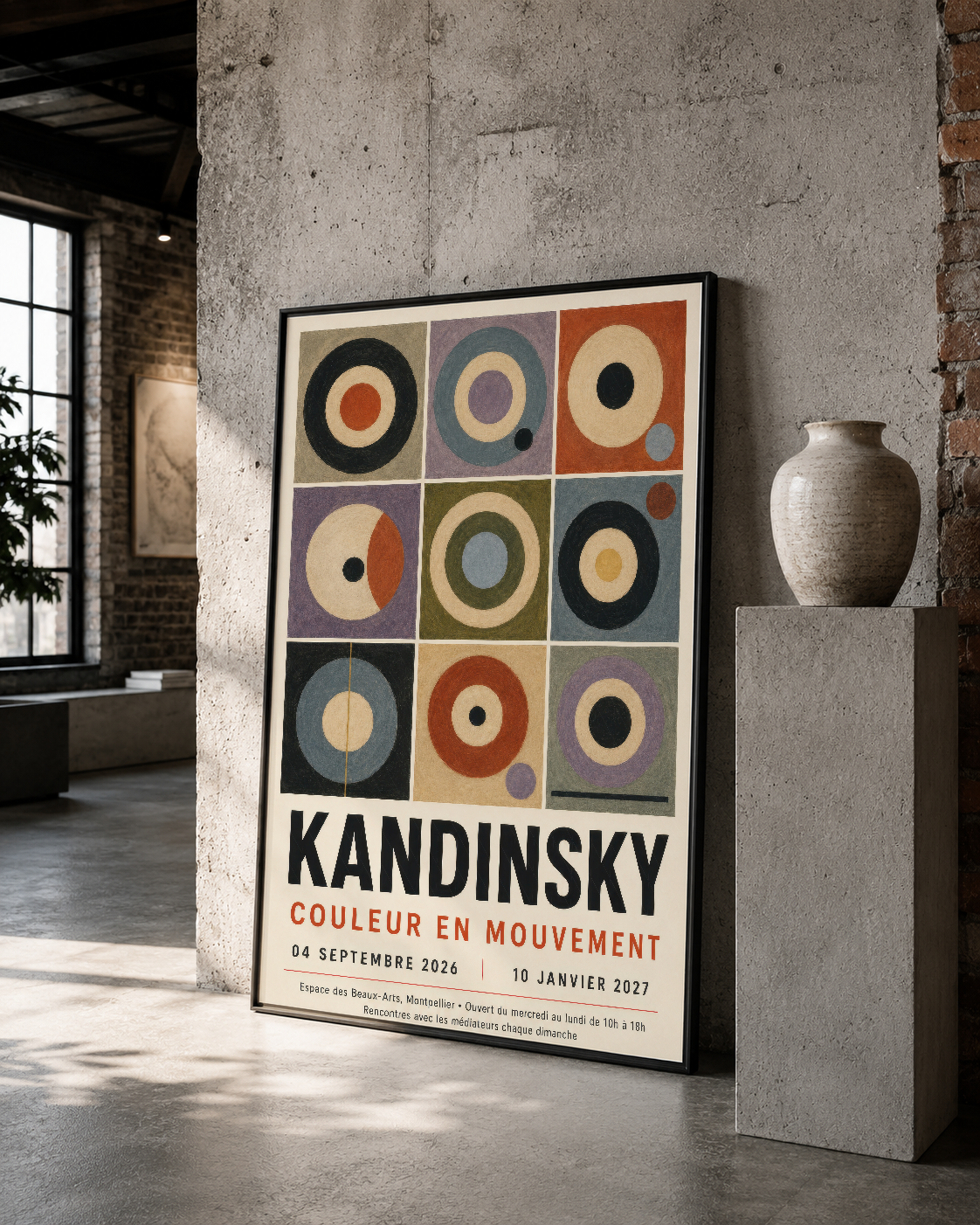 Kandinsky Couleur en Mouvement sergisi posteri, siyah çerçevede loft stilinde betonlu duvara asılı.