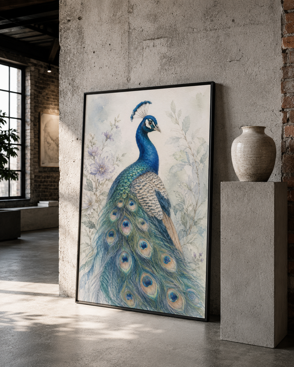 Siyah çerçeveli tavus kuşu sanat eseri, modern loft alanında vintage seramik objelerle dekorasyon.