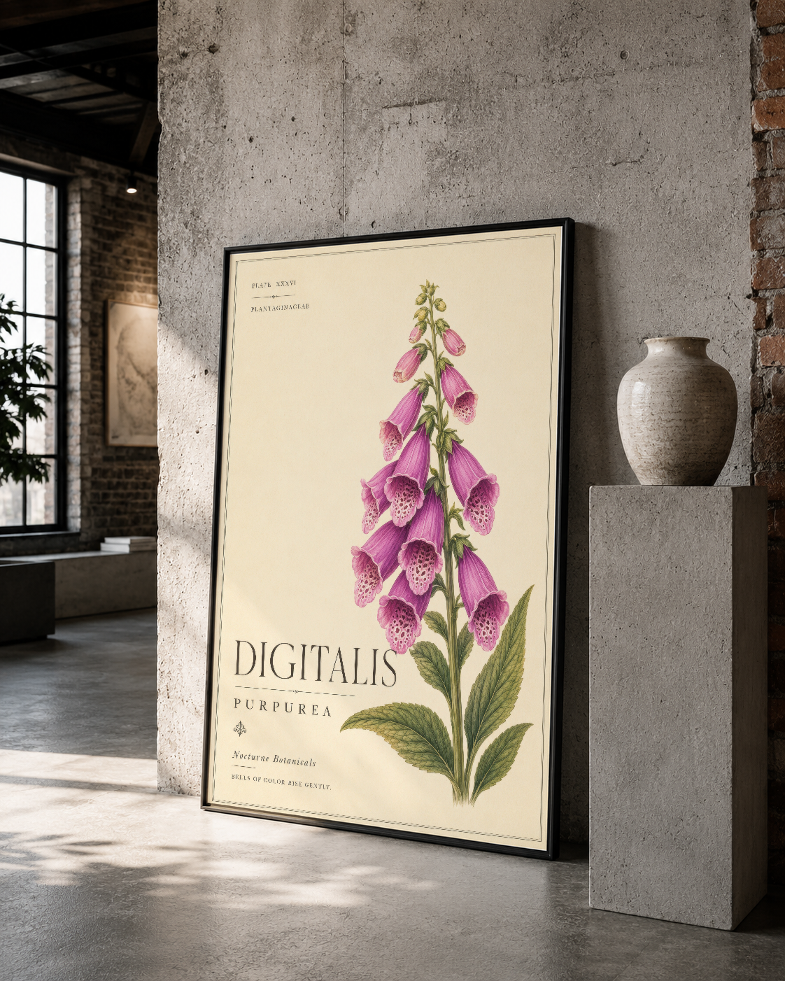 Siyah çerçeveli Digitalis Purpurea tablosu, beton duvarla tamamlanan loft stilinde dekoratif sanat parçası.