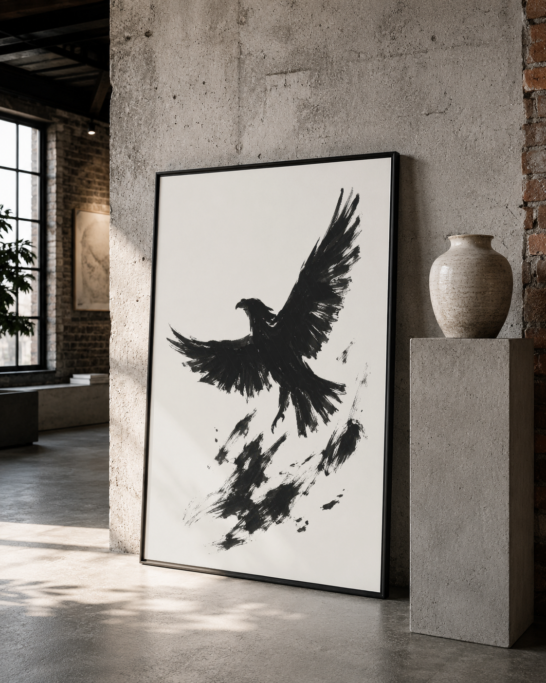 Dağılan tüylerle uçan kara güvercin, siyah çerçeveli poster, endüstriyel mekan dekorasyonunda sanatsal ifade.