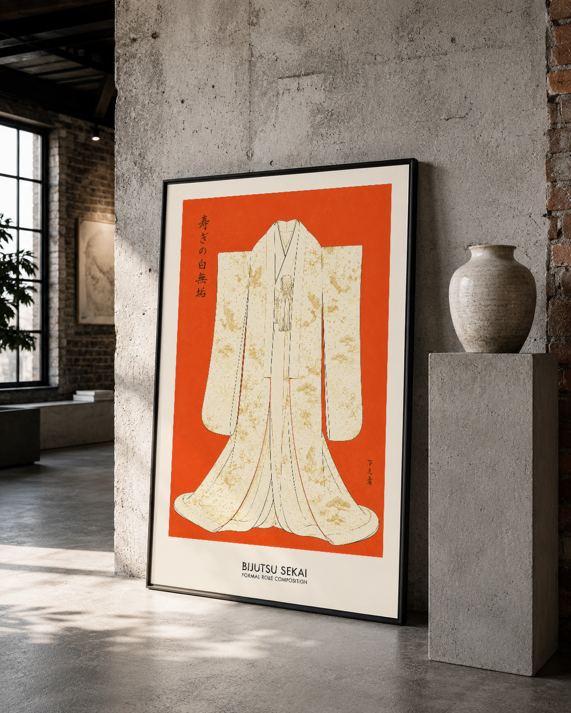 Japonca yazılı, krem desen ve turuncu arka planlı kimono baskısı, siyah çerçevede beton duvarın önünde duran tablo.