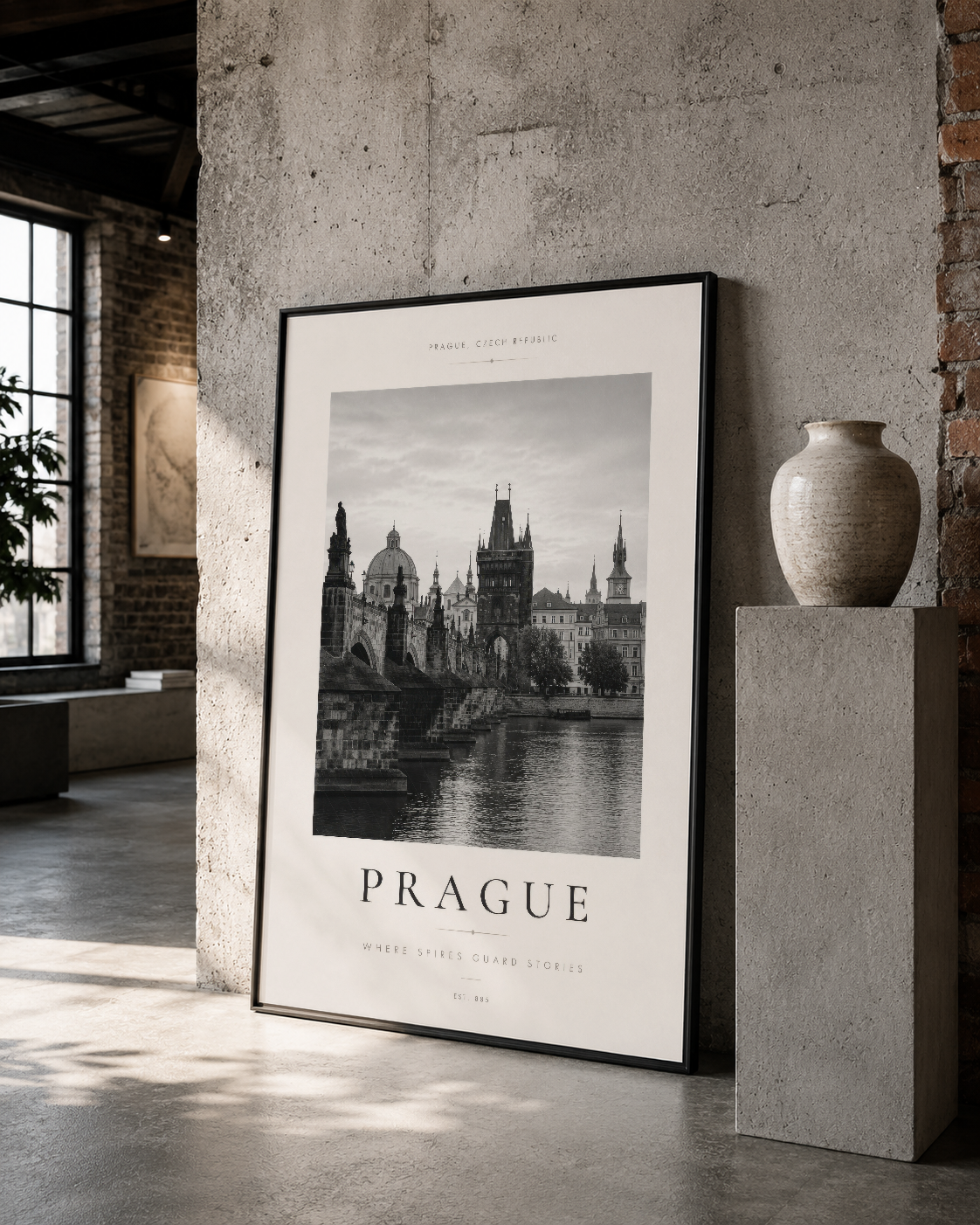 Prag'ın Vltava Nehri kıyısındaki mimari güzelliğini siyah çerçevede sunan sanat poster, loft tarzı odada dikkat çekmektedir.