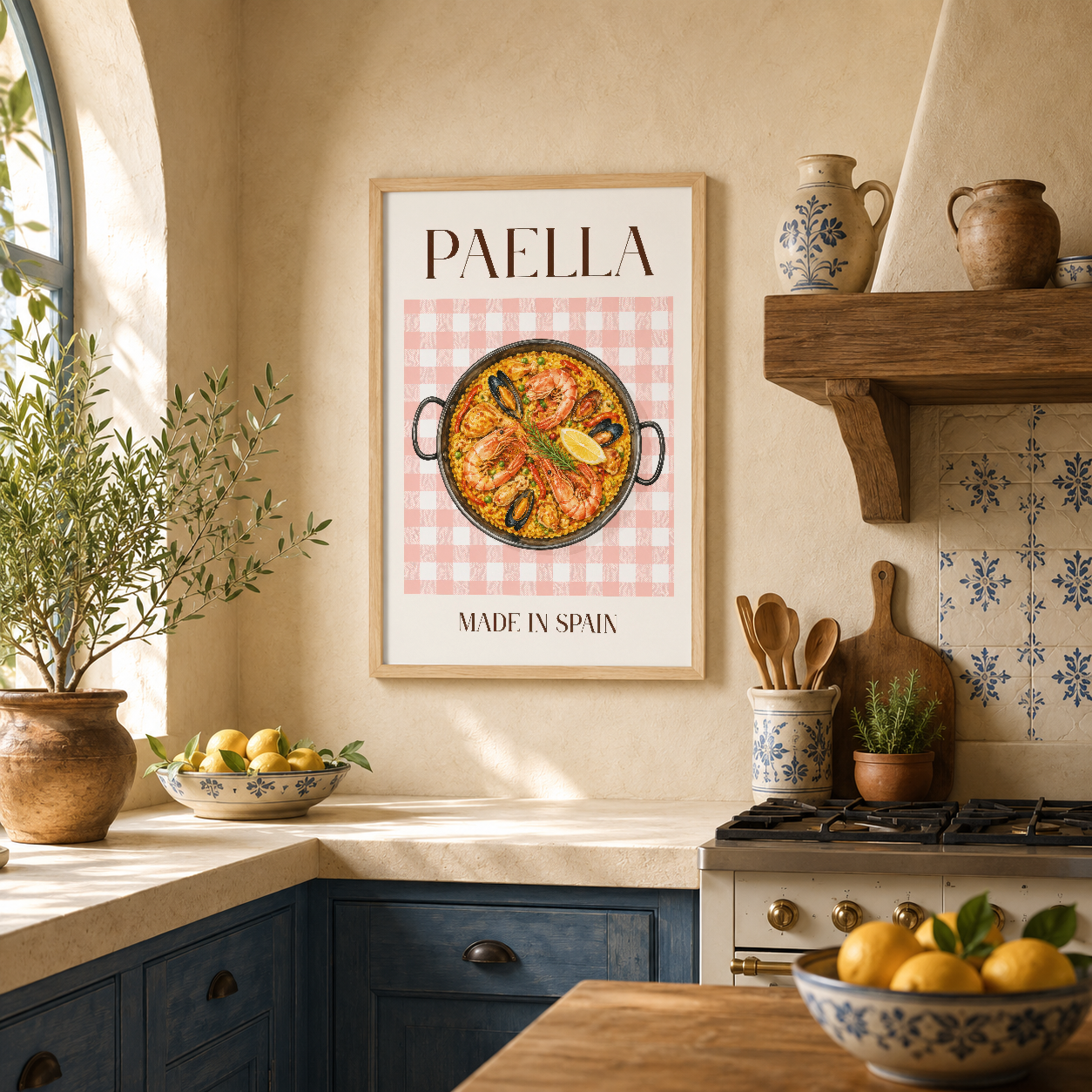 Paella tema duvar tablosu ahşap çerçevede, Akdeniz tarzı mutfak dekorasyonuyla mükemmel uyum sağlıyor.