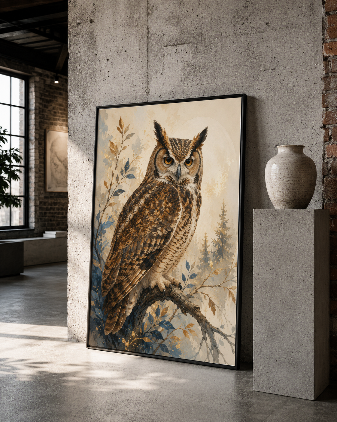 Siyah çerçeveli baykuş sanat tablosu, şiir ve ağaç detayları içeren naturalist duvar görseli.