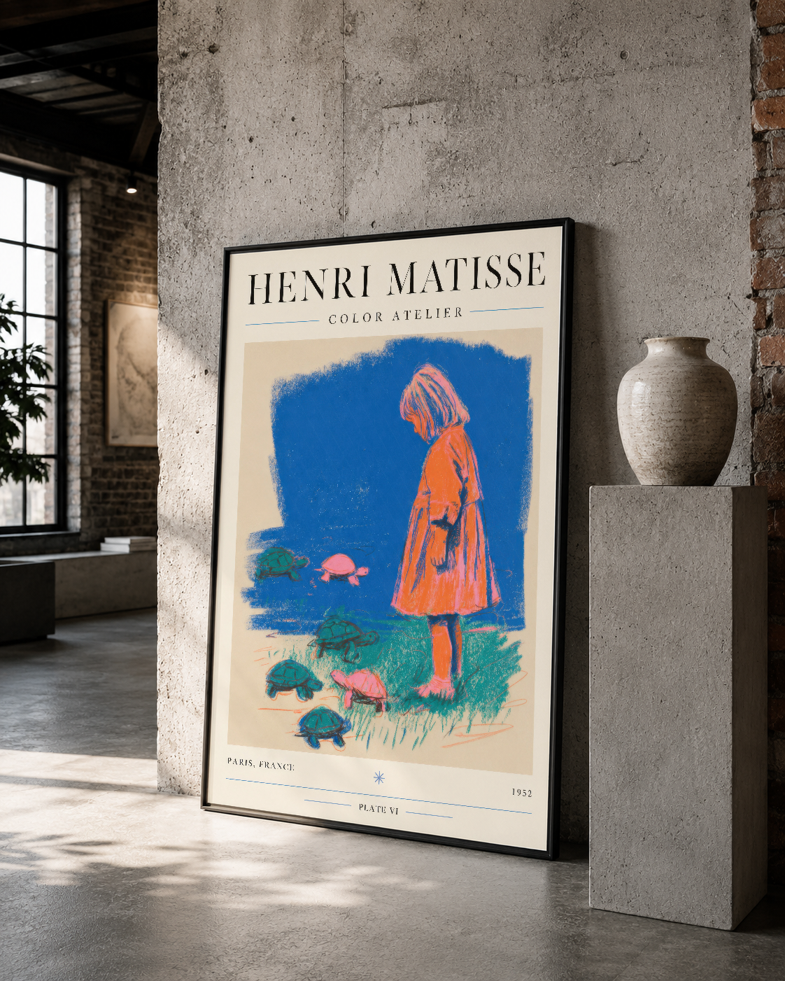 Henri Matisse Color Atelier tablosu, siyah çerçeveli versiyonuyla çimento duvar ve beton mekan dekorasyonunda yer alan sanat