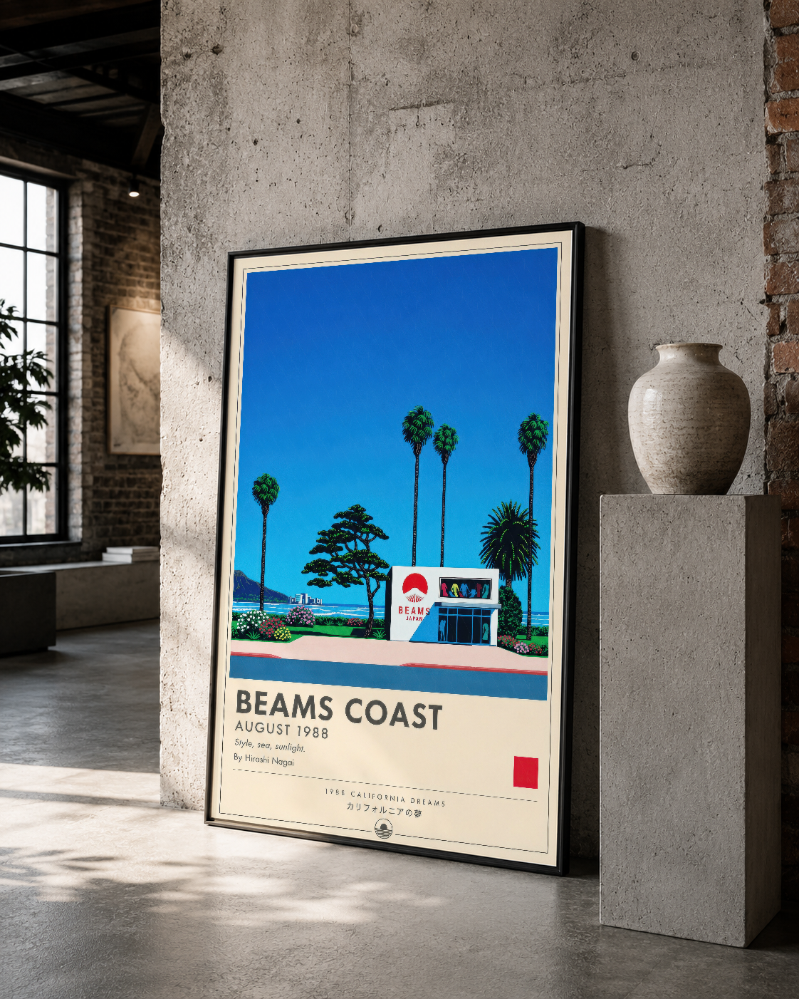 Beams Coast illüstrasyon, tropikal sahil manzarası ve retro tasarımlı çerçeveli sanat eseri.