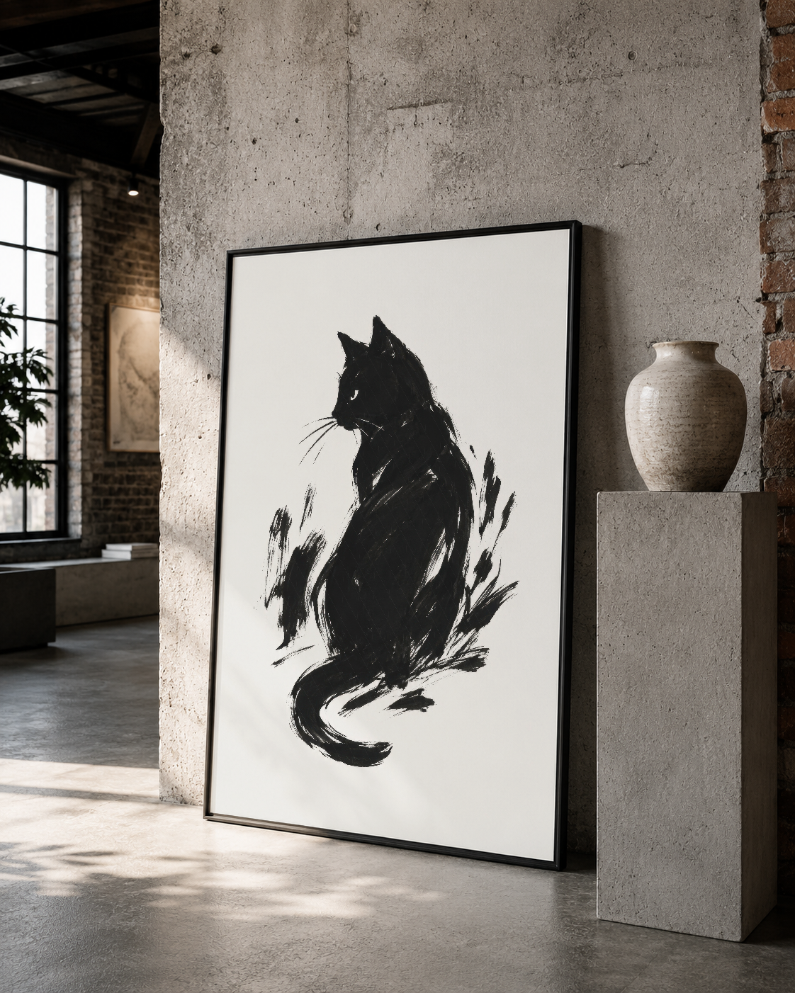 Fırça darbeleriyle çizilmiş kedi sanatı, siyah çerçeveli tablo, loft stilinde duvar dekoru.