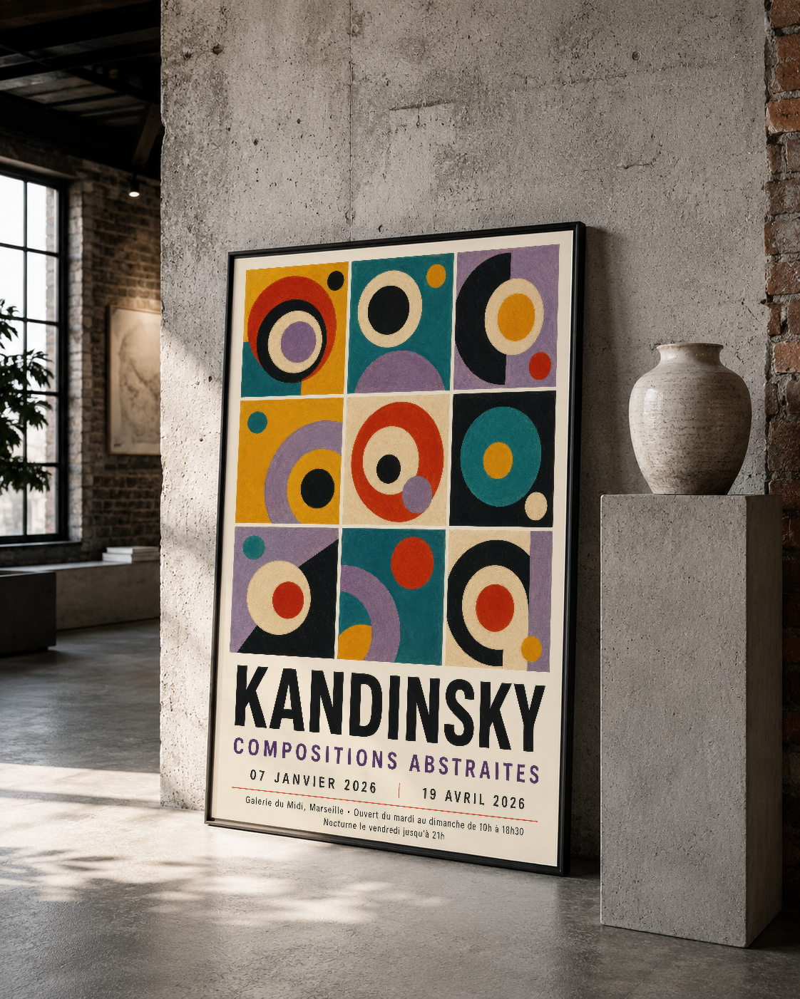 Kandinsky soyut poster, beyaz çerçevede, çok renkli daire ve kare kombinasyonuyla loft stiliyle uyumludur.