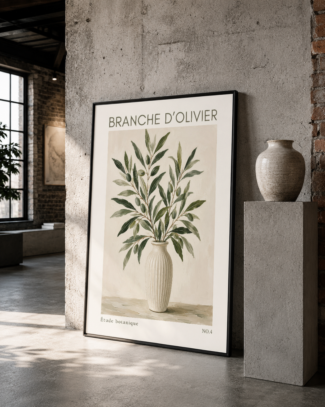 Siyah çerçeveli botanik poster, beton duvarda zeytin buketinin zarif tasvirini sergileyen sanat tablosu.