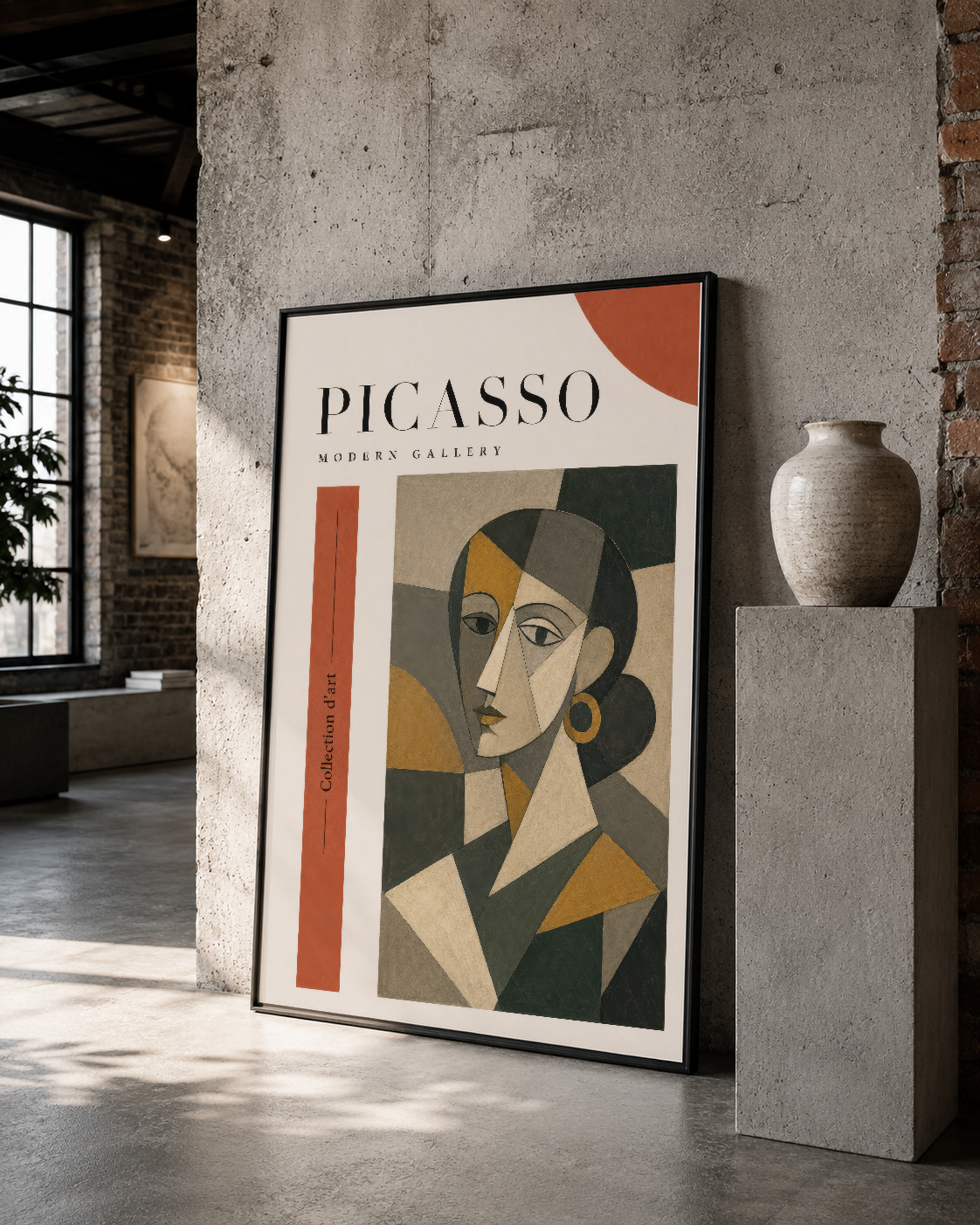 Picasso Modern Gallery tablosu, kübist portre ve renk bloklarıyla endüstriyel mekanlara sanat galerisi atmosferi katar.