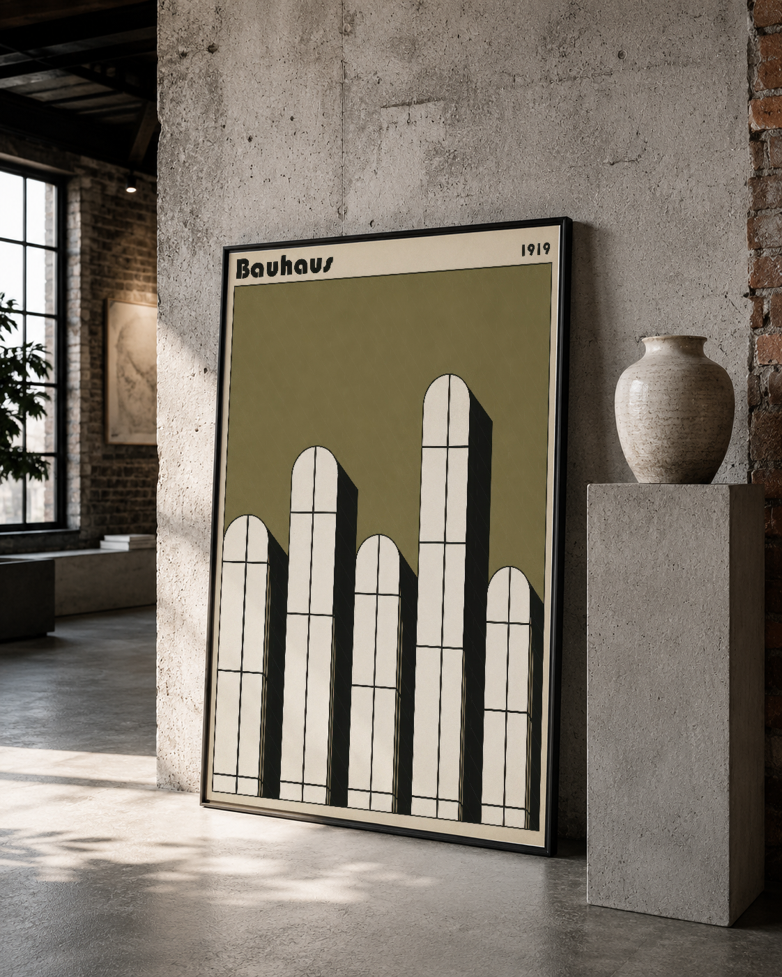Bauhaus grafik tasarım, koyu çerçeve içinde klasik pencere ikonografi ve siyah-beyaz geometrik kompozisyon.